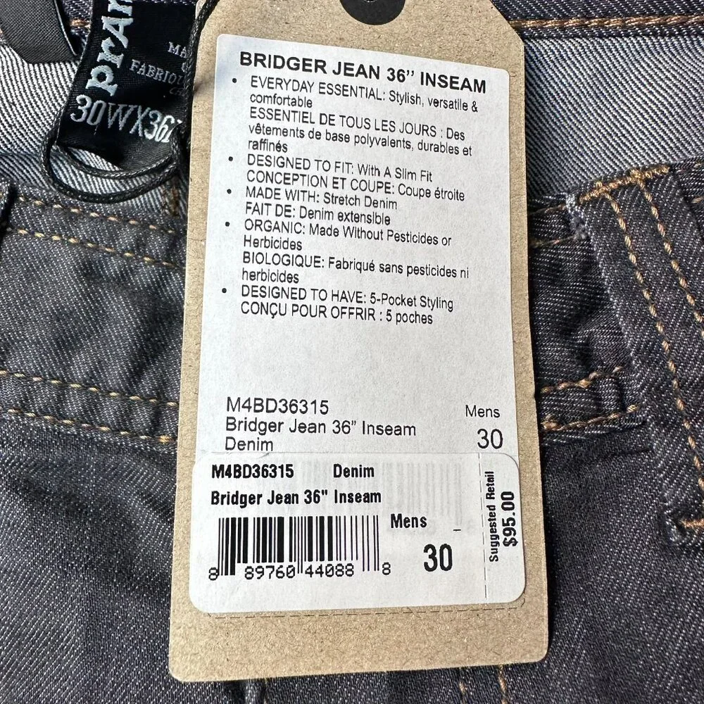 prAna Men's Bridger Slim Fit Straight Leg 5 Pocket Jean, W30 x L36, Denim Blue - Picture 12 of 15
